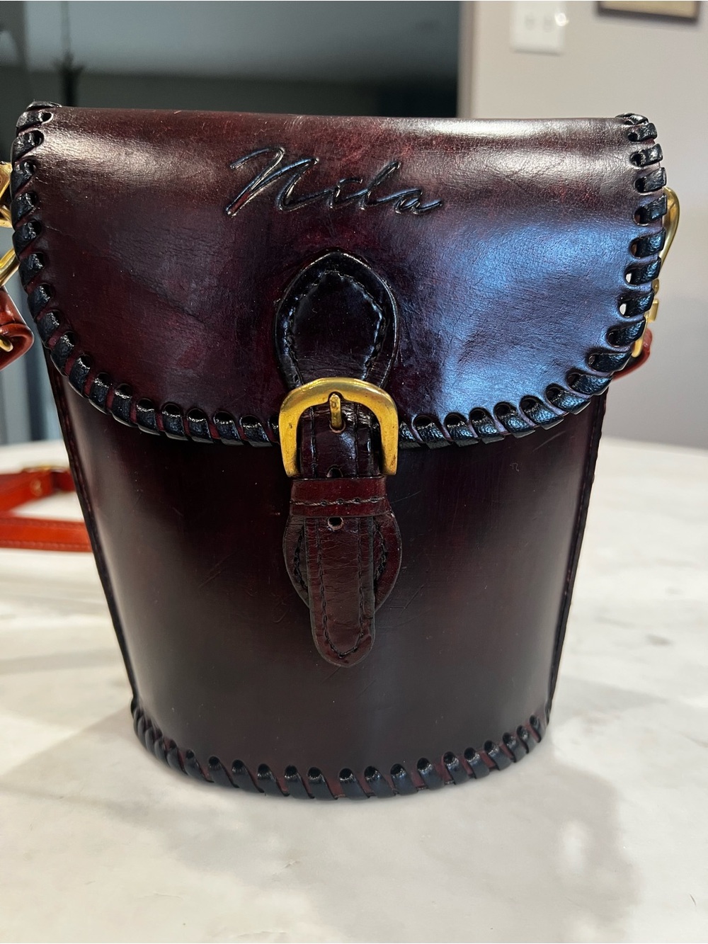 Nola Handcrafted Leather Bucket Crossbody Bag  Oxblood Whipstitch Vintage Style